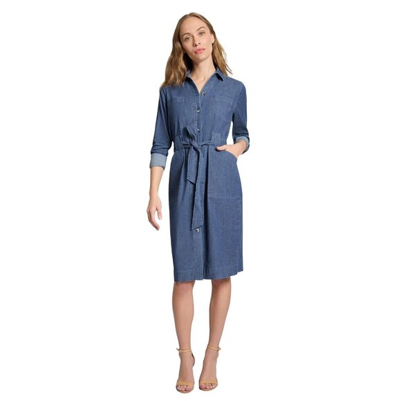 NWT Jones New York Womens Chop Pocket Tie Denim Collared Dress Dark Wash Blue L - Picture 1 of 6
